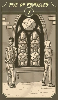Five of Pentacles card from the Sinking Wasteland Tarot deck