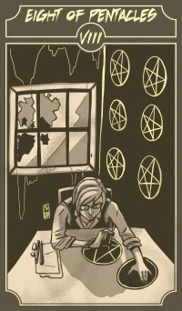 Eight of Pentacles card from the Sinking Wasteland Tarot deck