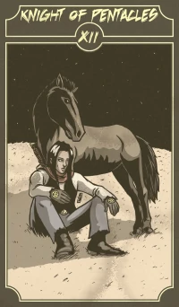 Knight of Pentacles card from the Sinking Wasteland Tarot deck