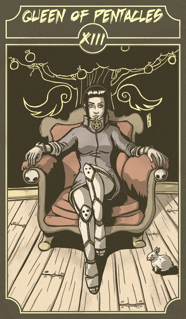 Queen of Pentacles card from the Sinking Wasteland Tarot deck