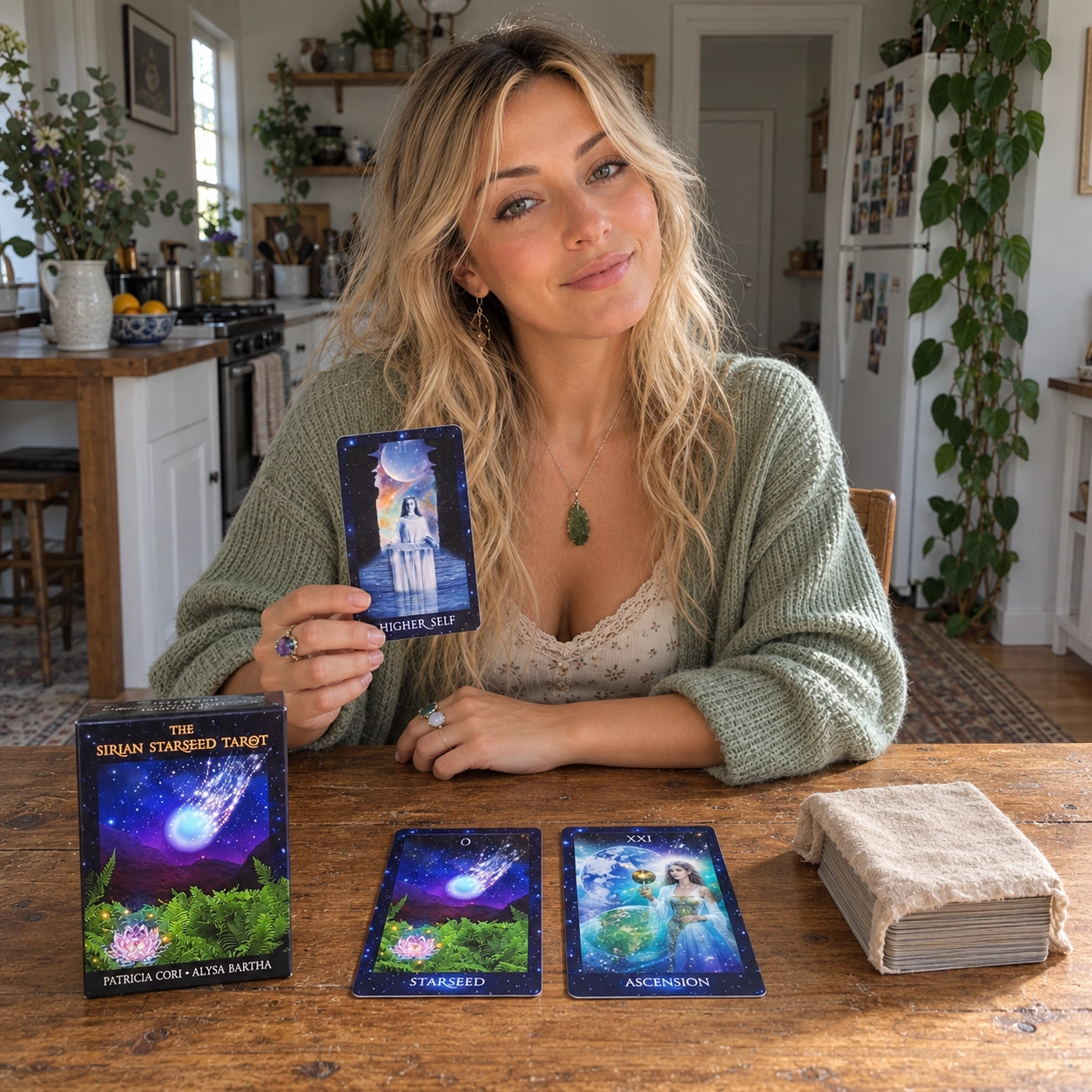 Aurica presenting Higher Self from The Sirian Starseed Tarot beside its box, two face-up cards and a separate cloth-covered deck stack