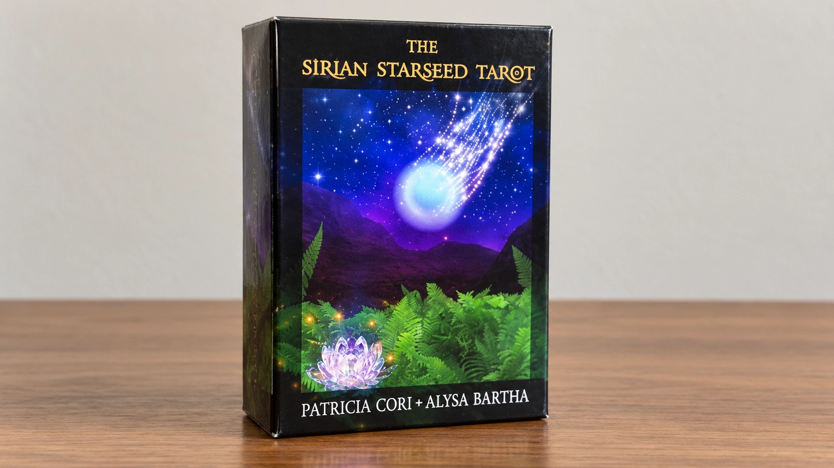 Generated scene of the verified closed Sirian Starseed Tarot box on a plain wooden table