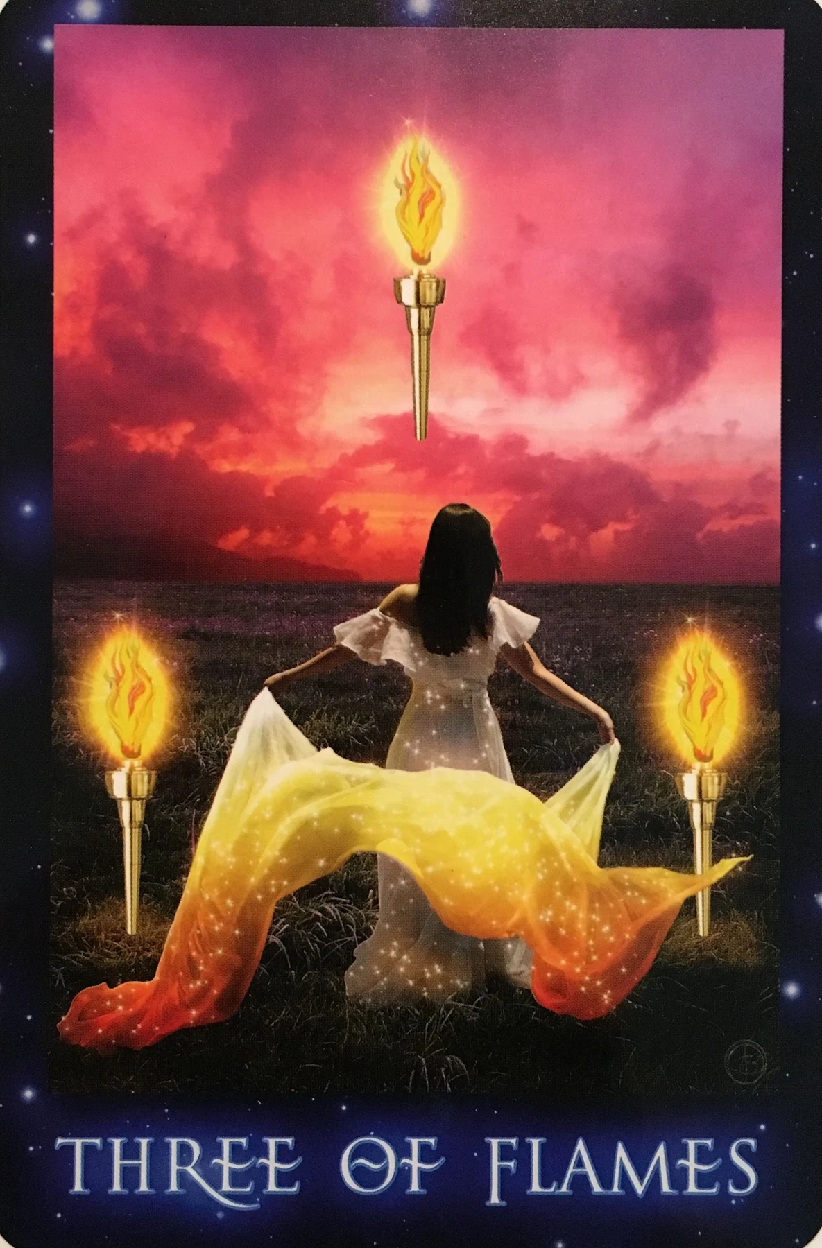Three of Flames card from The Sirian Starseed Tarot deck