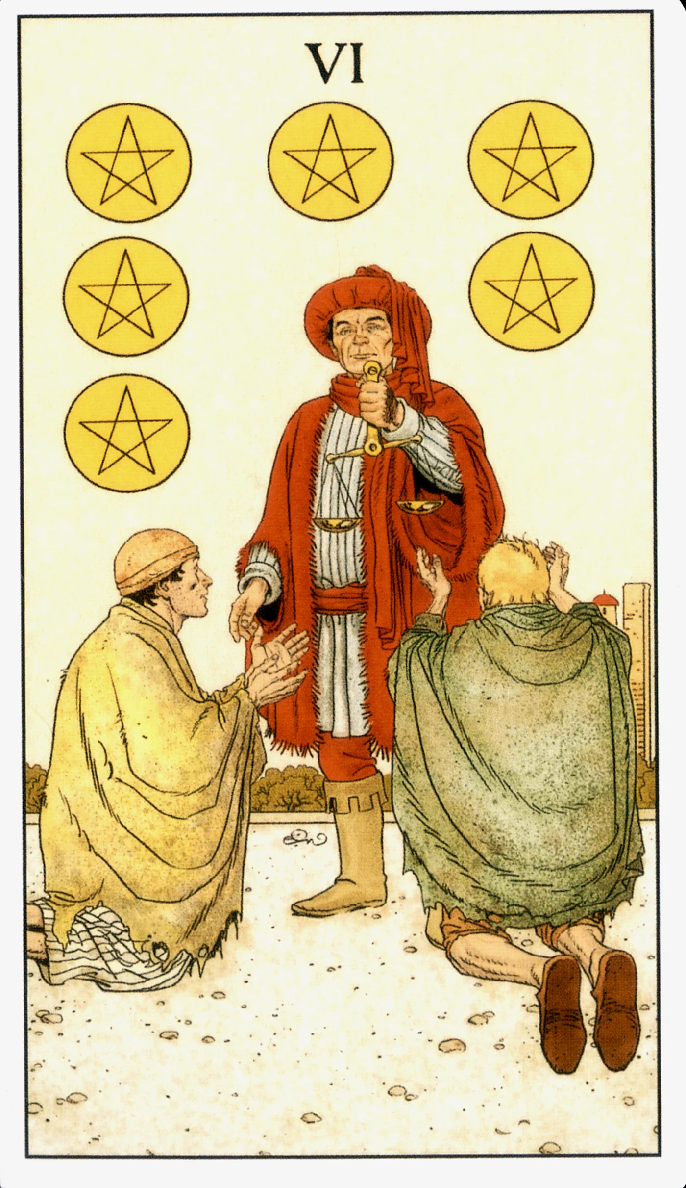Six of Pentacles card from the Before Tarot deck by Lo Scarabeo