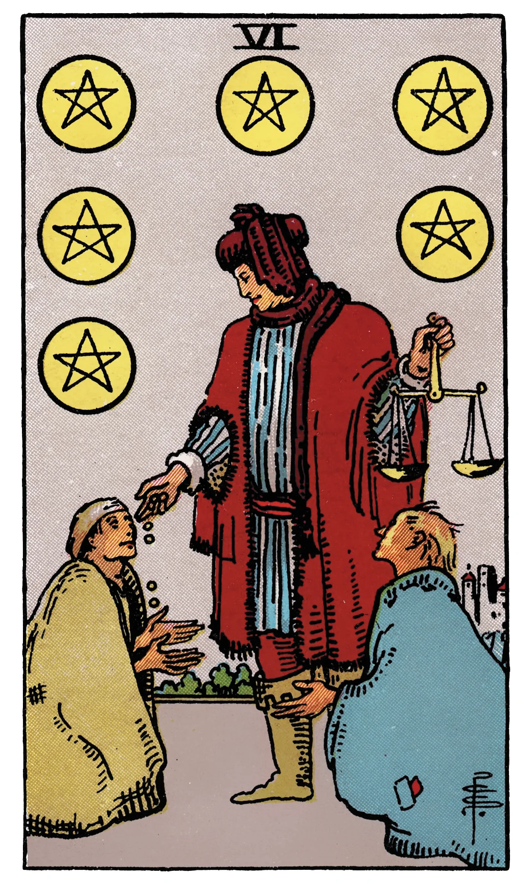 Six of Pentacles card from the Rider-Waite-Smith Tarot deck by Rider
