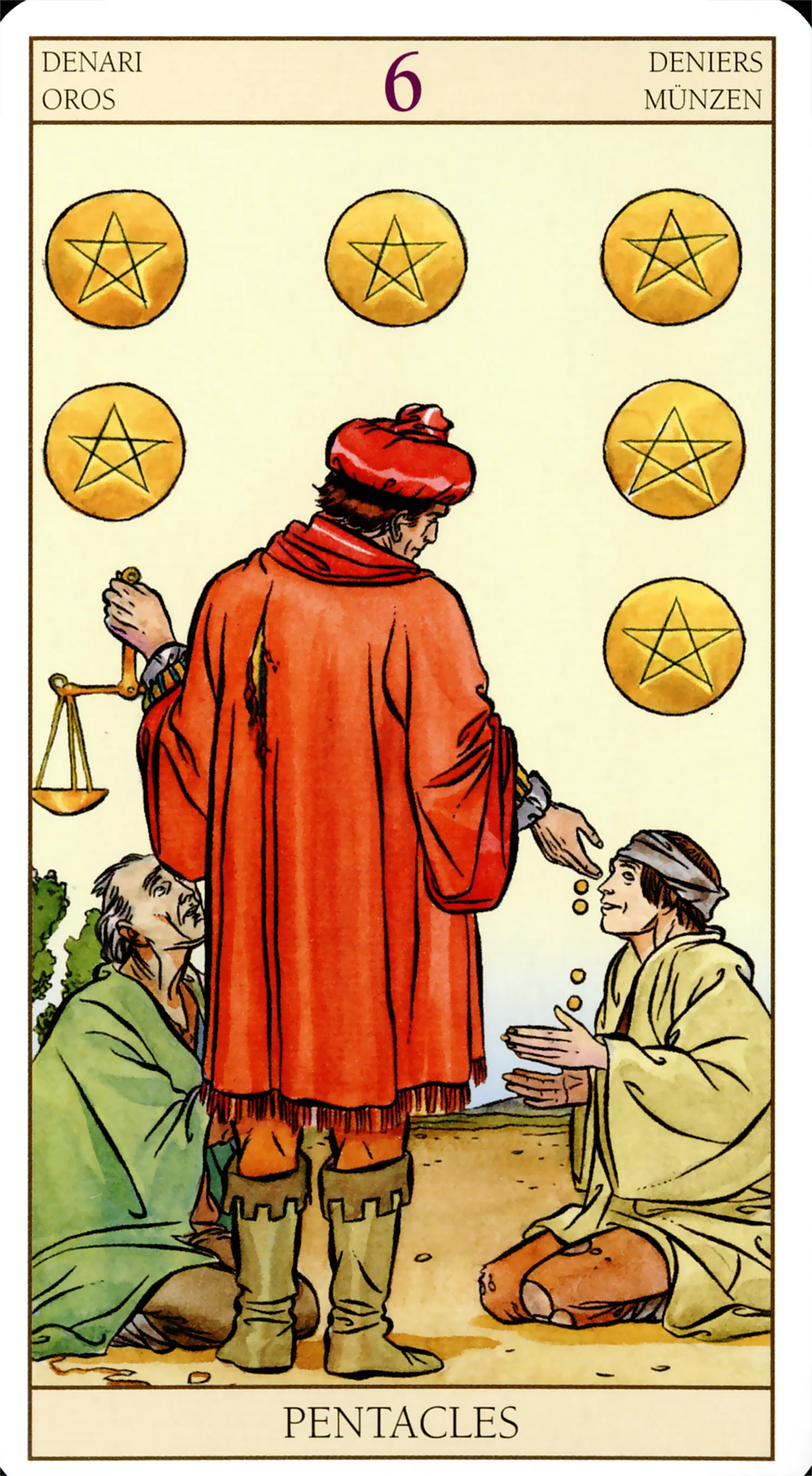 Six of Pentacles card from the Tarot of the New Vision deck by Lo Scarabeo