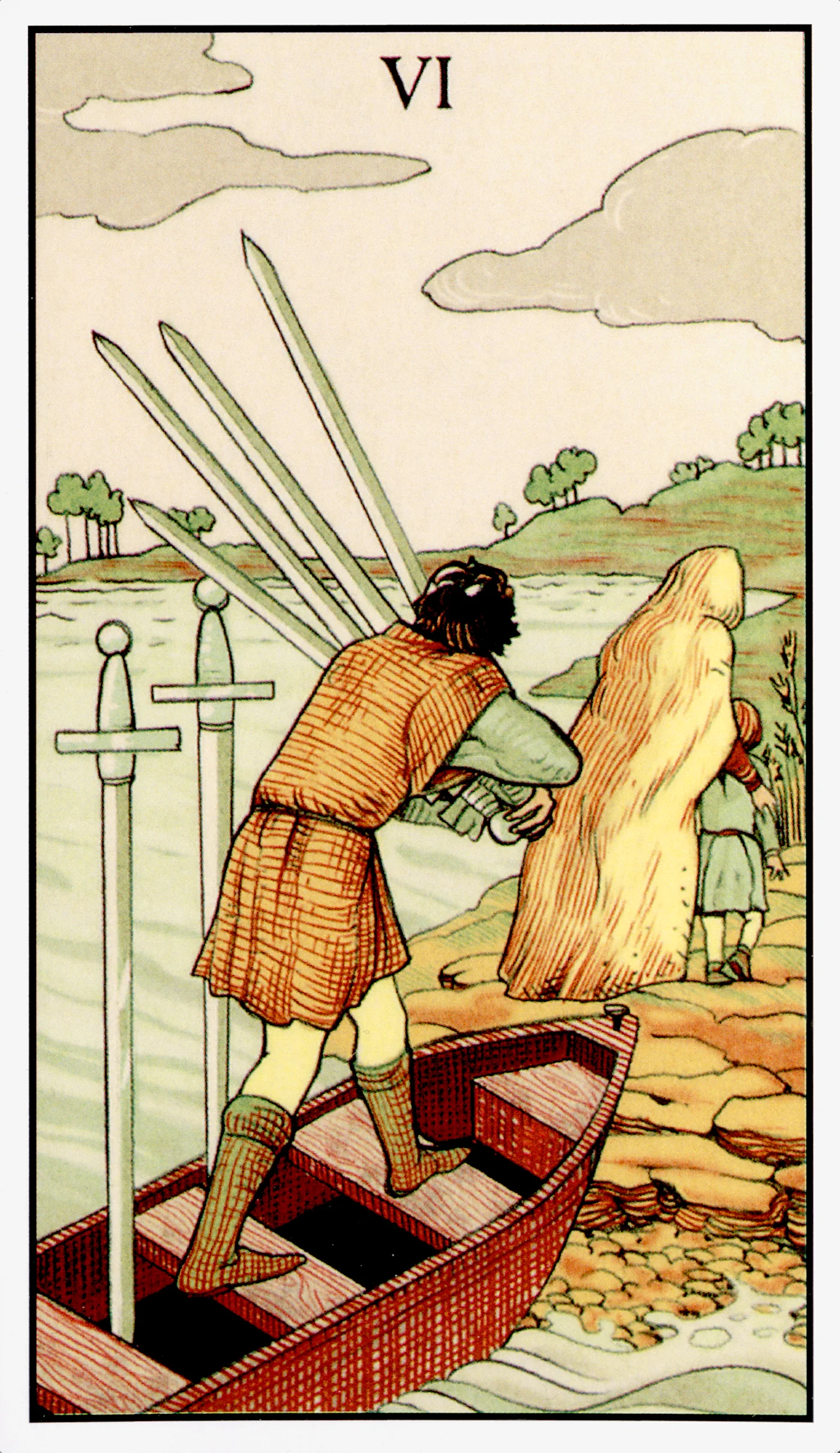 Six of Swords card from the After Tarot deck by Lo Scarabeo