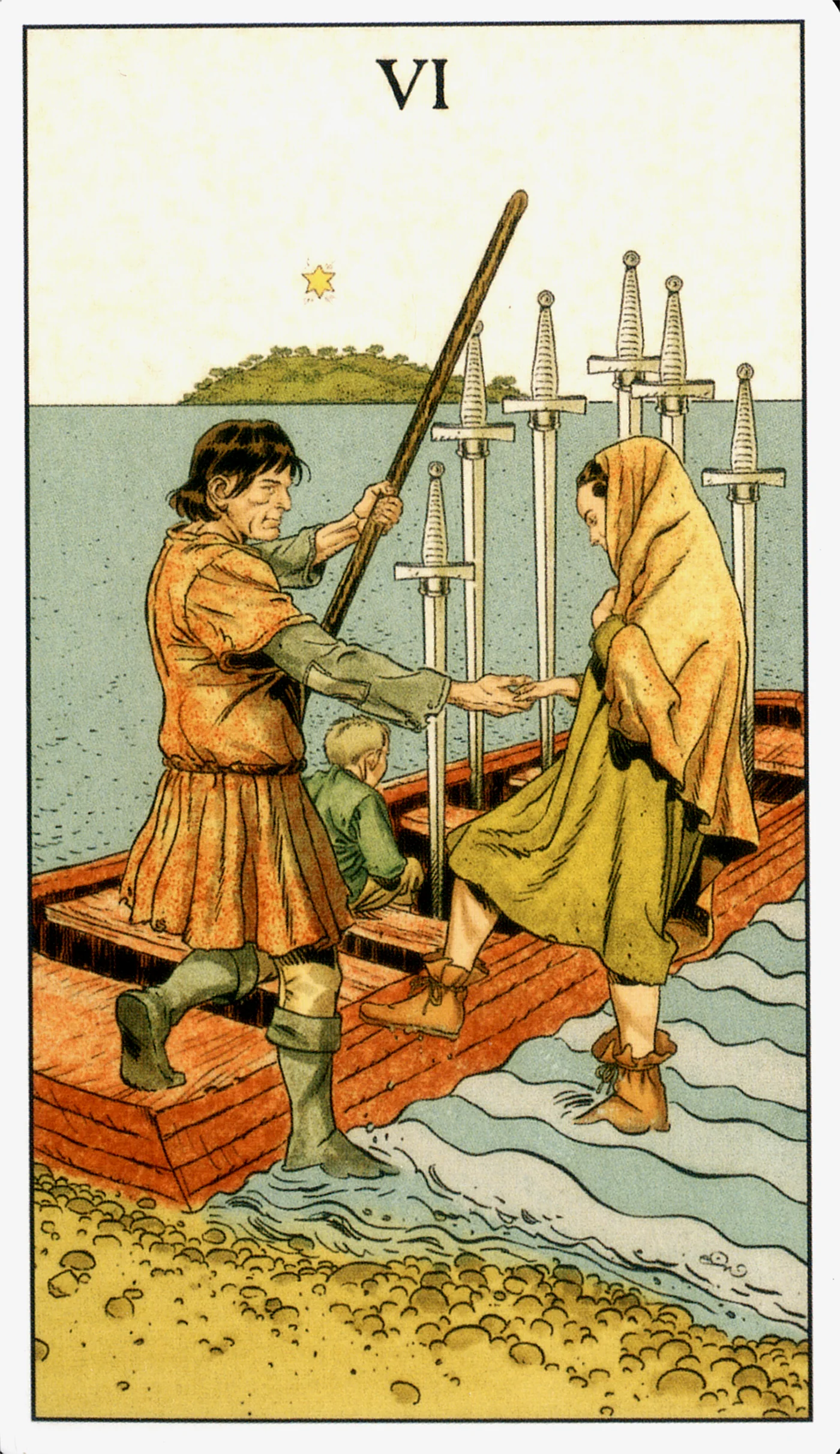 Six of Swords card from the Before Tarot deck by Lo Scarabeo