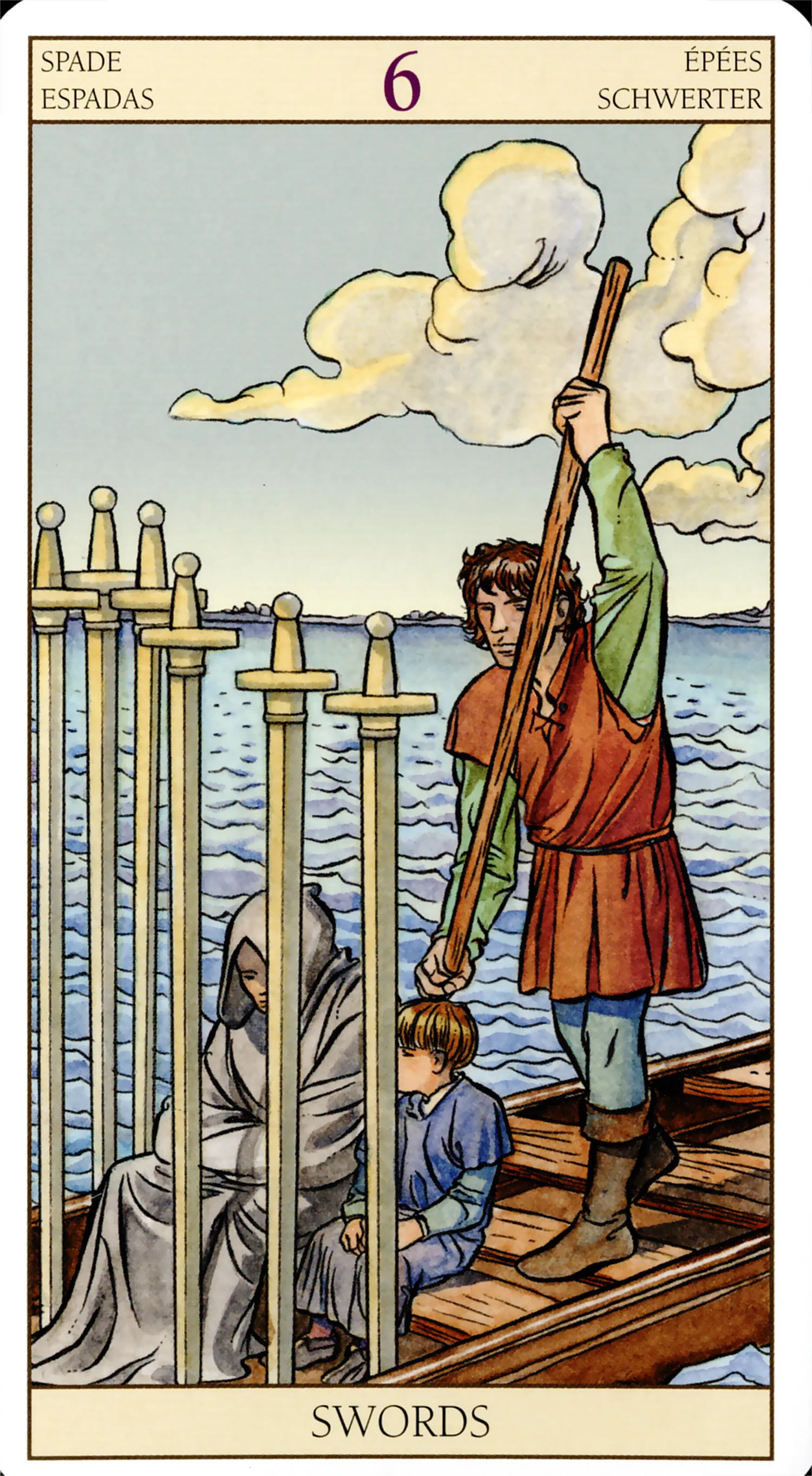 Six of Swords card from the Tarot of the New Vision deck by Lo Scarabeo