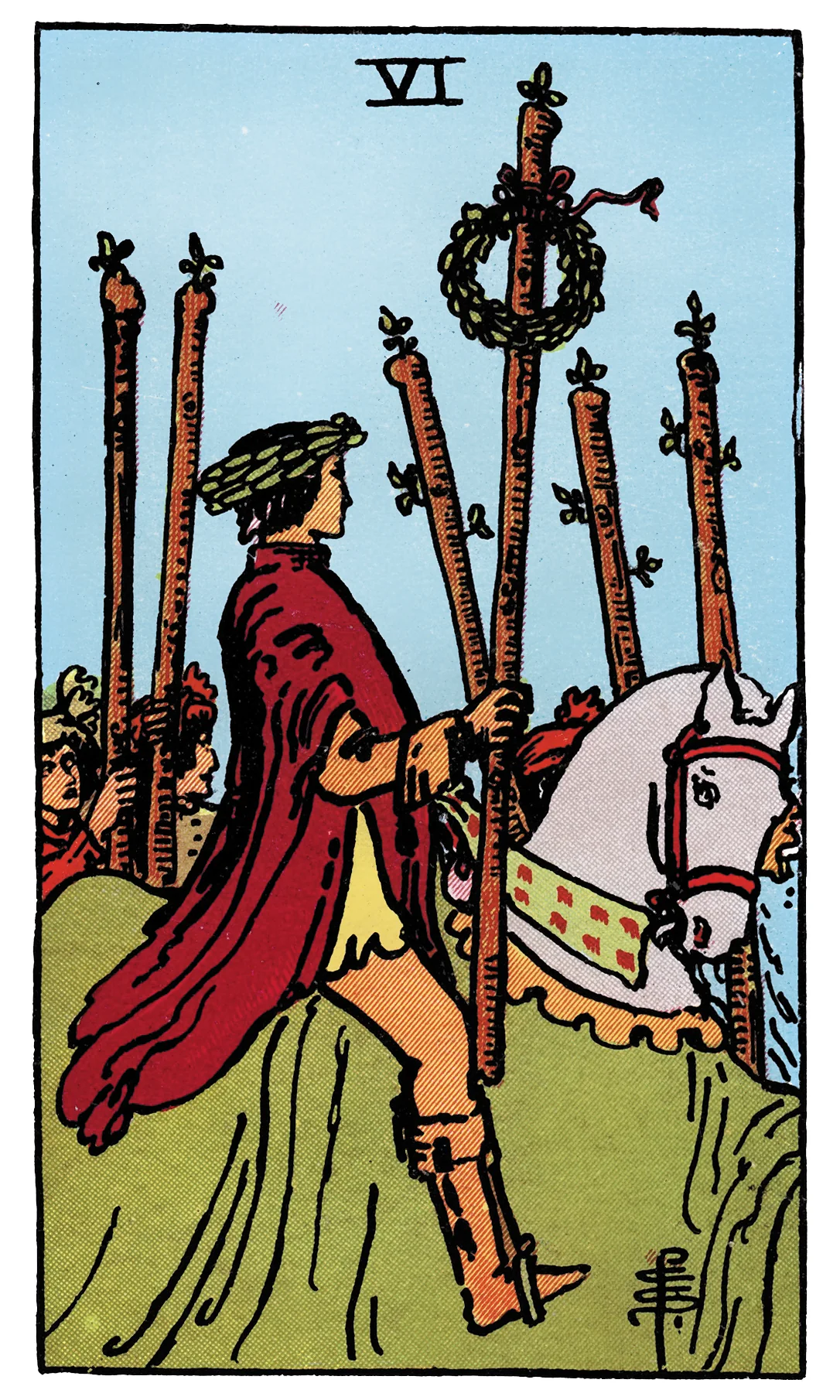 Six of Wands — Rider-Waite-Smith Tarot by Rider Six of Wands card from the Rider-Waite-Smith Tarot deck by Rider