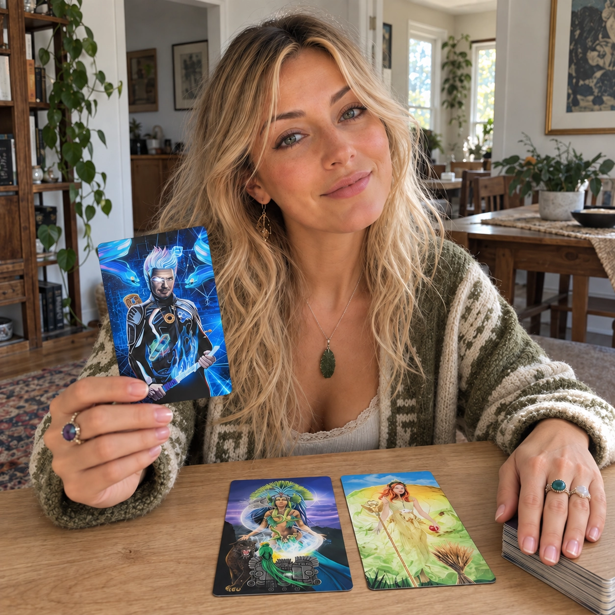 Aurica reading Sixth World Tarot cards in daylight, holding The Matrix beside a two-card spread and stacked deck