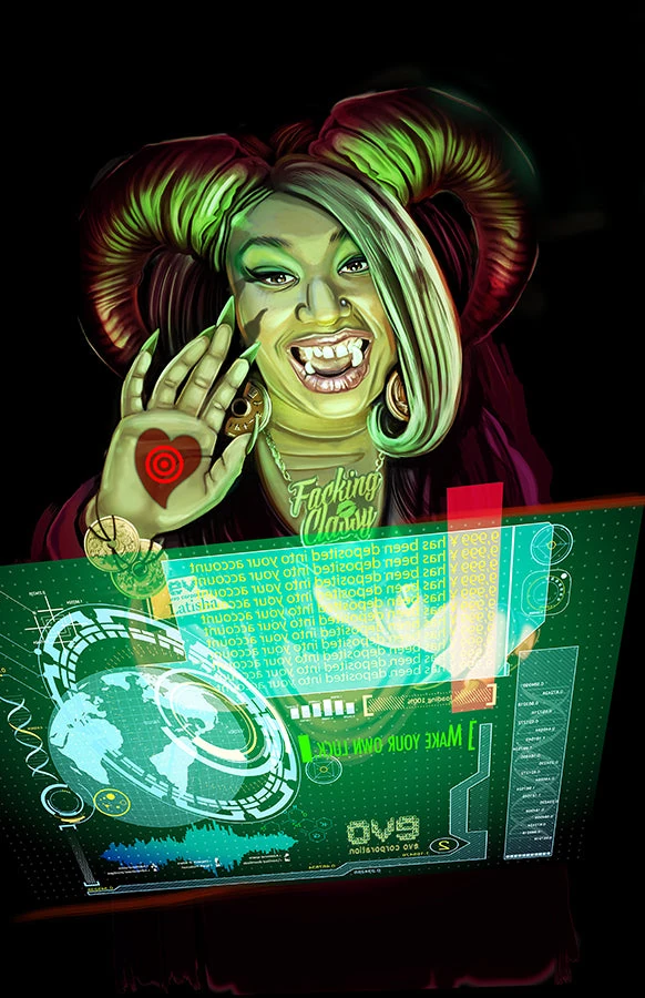 Four of Coins card from the Sixth World Tarot deck by Echo Chernik