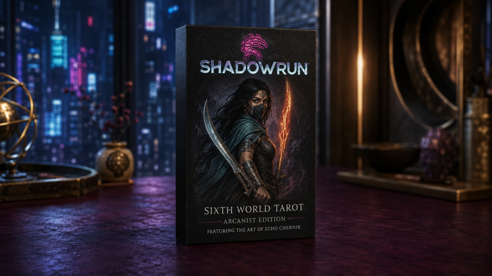 Editorial product scene inspired by the verified Sixth World Tarot Arcanist Edition deck box by Catalyst Game Labs, featuring the art of Echo Chernik