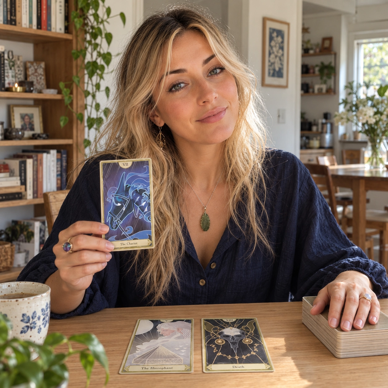 AI-generated editorial illustration of Aurica presenting The Chariot from the licensed Skyrim Tarot by Tori Schafer and Erika Hollice, with two retail cards and a separate stacked deck