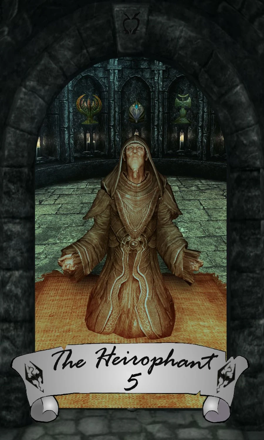 The Hierophant card from Wendy M. Schardein’s Skyrim Tarot deck
