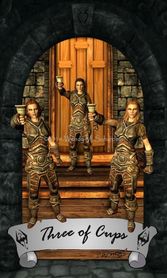 Three of Cups card from Skyrim Tarot by Wendy M. Schardein