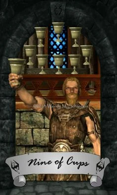 Nine of Cups card from Wendy M. Schardein’s Skyrim Tarot deck