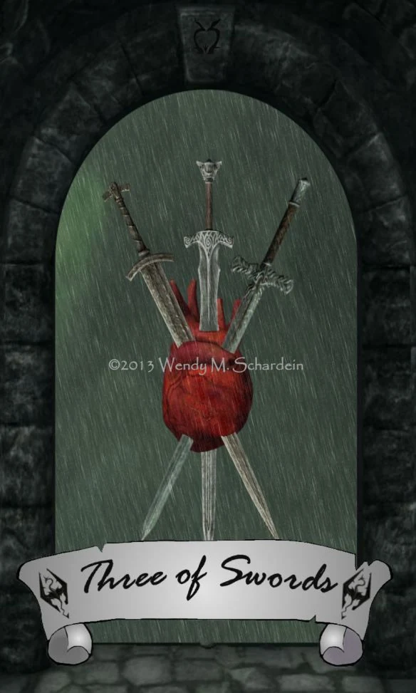 Three of Swords card from Wendy M. Schardein’s Skyrim Tarot deck