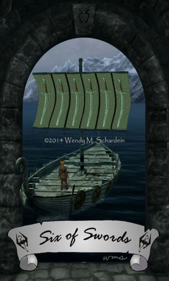 Six of Swords card from Wendy M. Schardein’s Skyrim Tarot deck