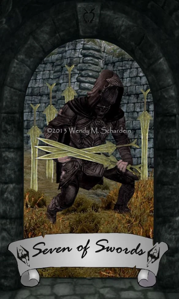 Seven of Swords card from Wendy M. Schardein’s Skyrim Tarot deck