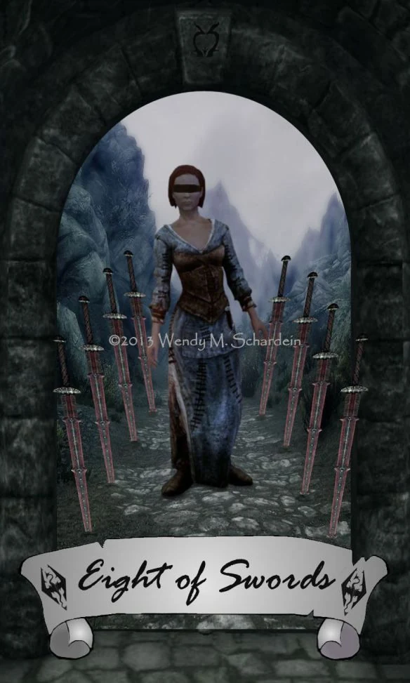 Eight of Swords card from Wendy M. Schardein’s Skyrim Tarot deck