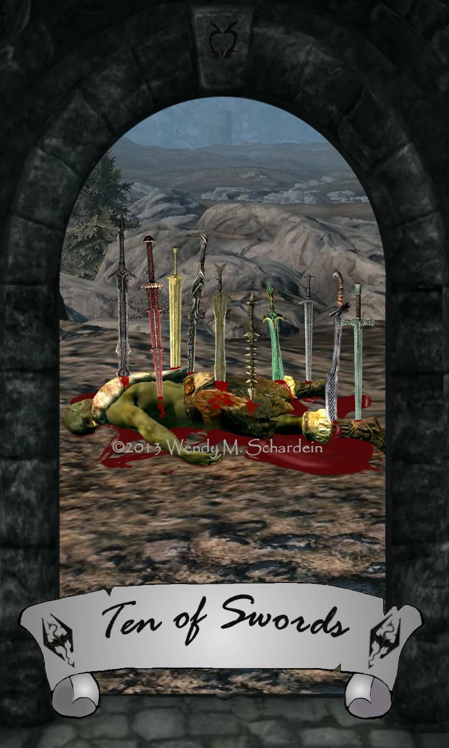 Ten of Swords card from Wendy M. Schardein’s Skyrim Tarot deck