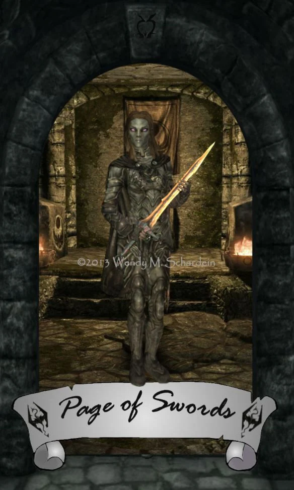 Page of Swords card from Wendy M. Schardein’s Skyrim Tarot deck
