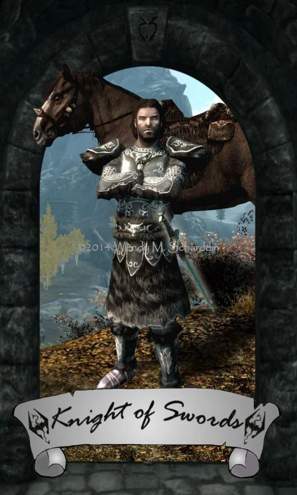 Knight of Swords card from Wendy M. Schardein’s Skyrim Tarot deck