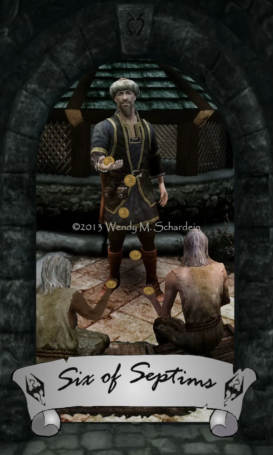 Six of Septims card from Wendy M. Schardein’s Skyrim Tarot deck