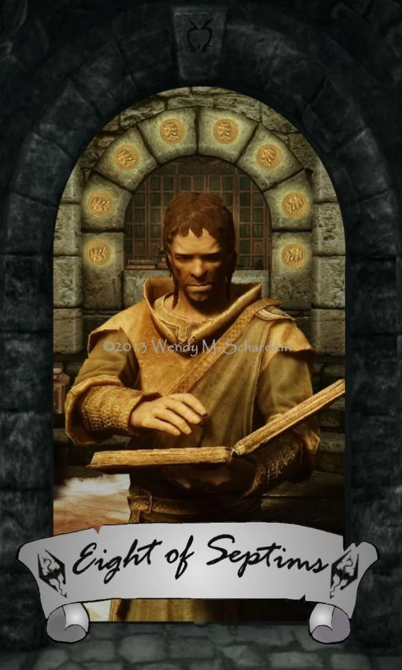 Eight of Septims card from Wendy M. Schardein’s Skyrim Tarot deck