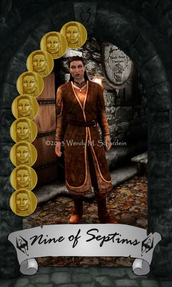 Nine of Septims card from Wendy M. Schardein’s Skyrim Tarot deck