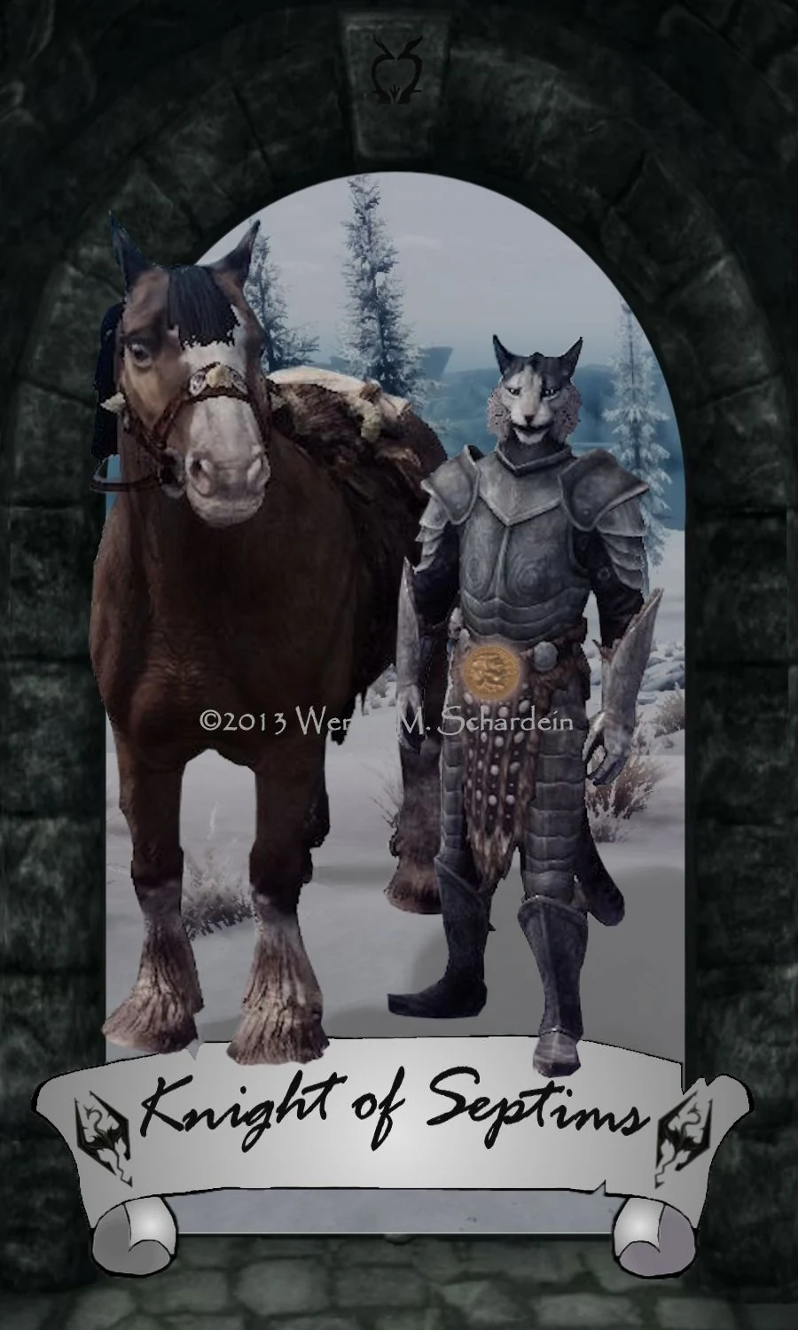 Knight of Septims card from Wendy M. Schardein’s Skyrim Tarot deck
