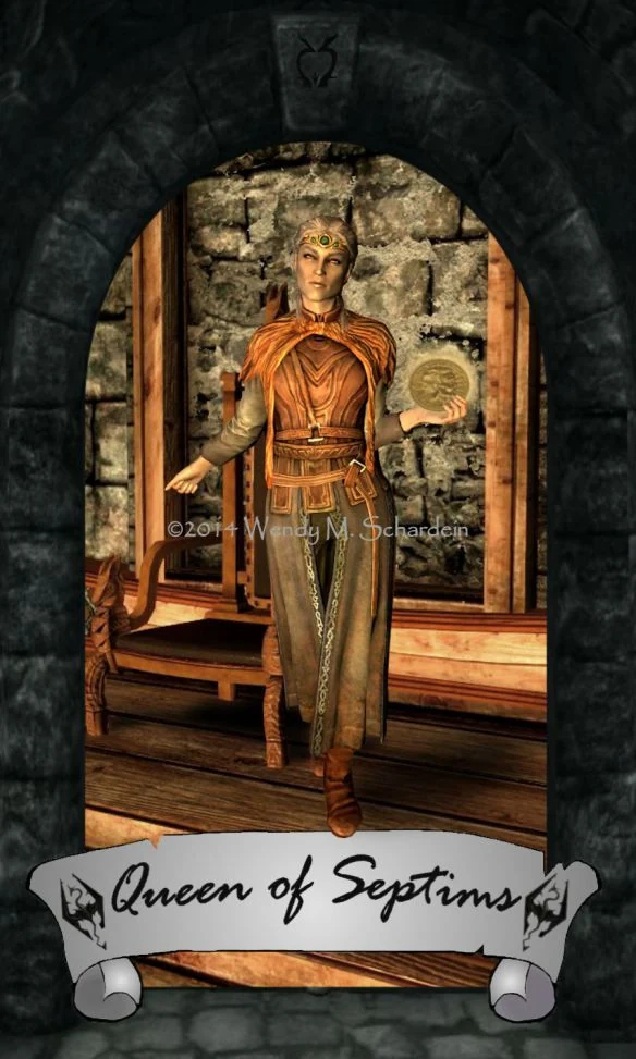 Queen of Septims card from Wendy M. Schardein’s Skyrim Tarot deck