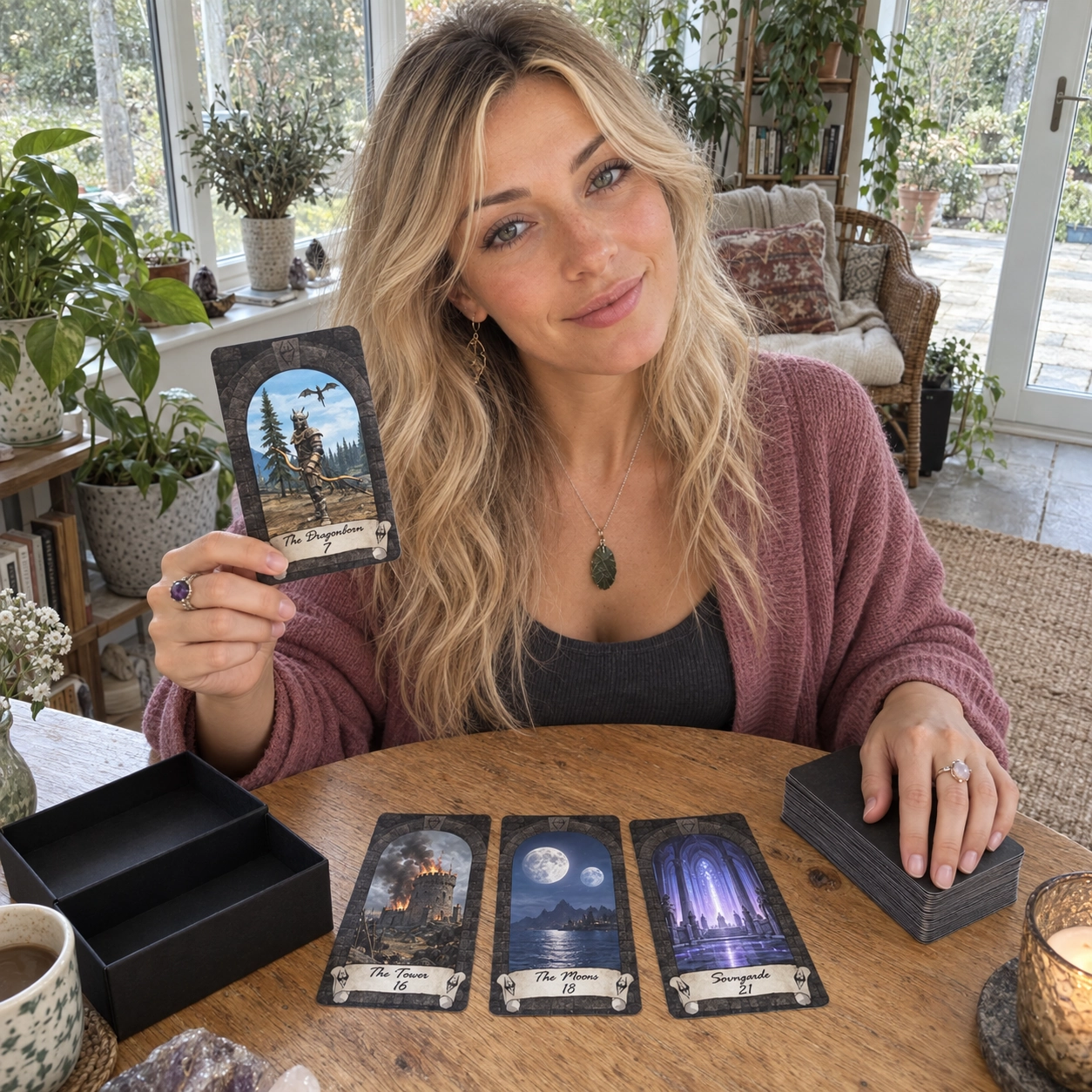 Aurica smiling in a bright conservatory while reading with Wendy M. Schardein&rsquo;s Skyrim Tarot, its storage box, three face-up cards and a separate stacked deck