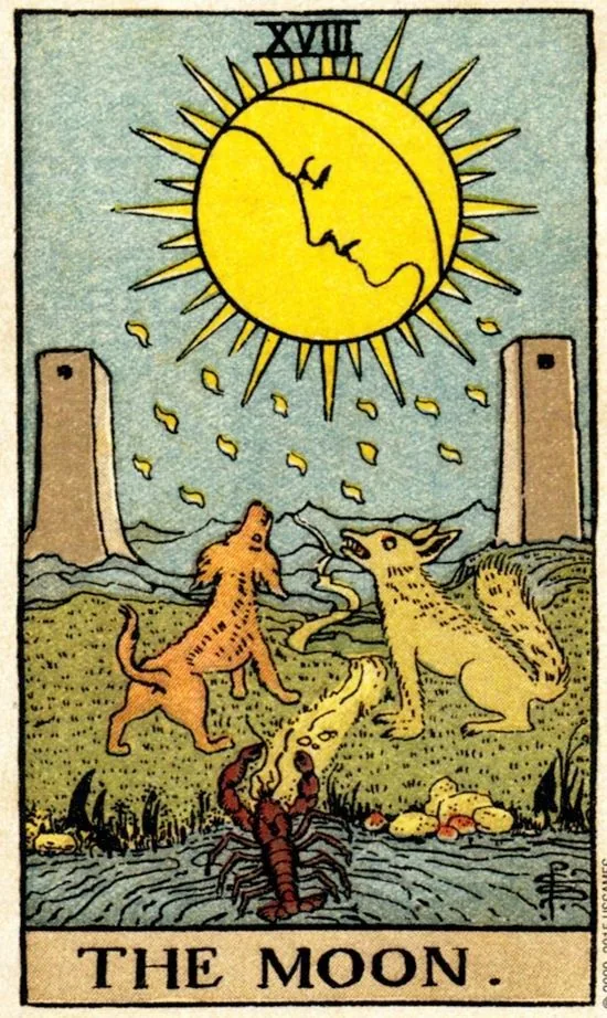 The Moon card from the Smith Waite Tarot deck