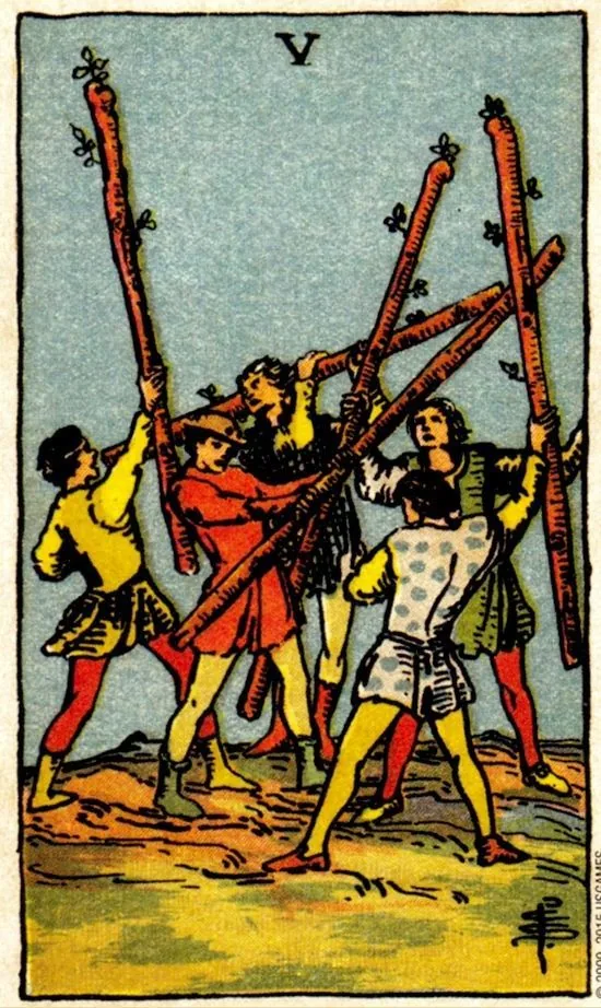 5 of Wands card from the Smith Waite Tarot deck