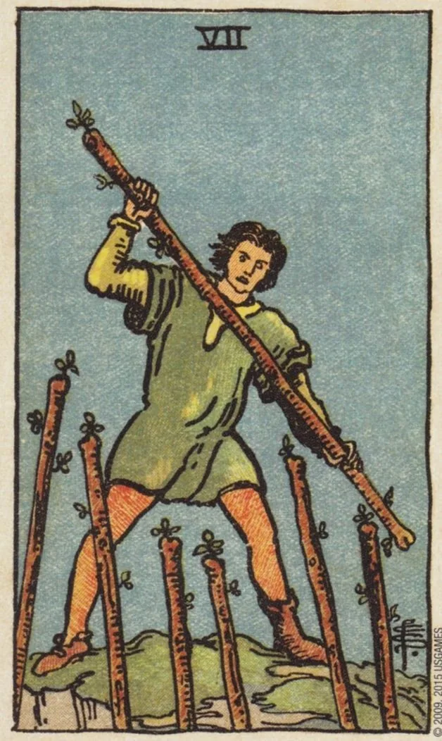 7 of Wands card from the Smith Waite Tarot deck