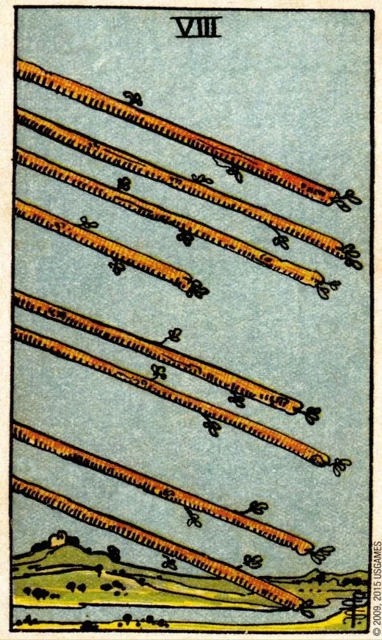 8 of Wands card from the Smith Waite Tarot deck