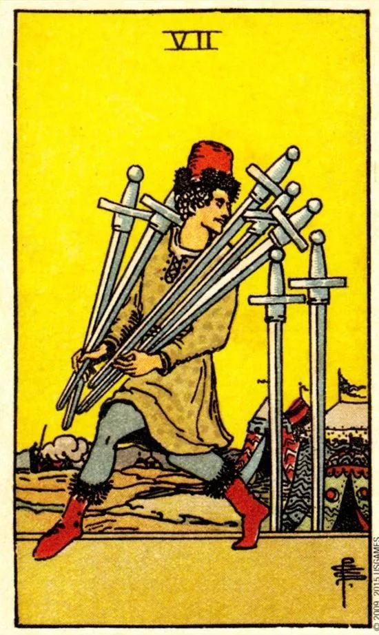 7 of Swords card from the Smith Waite Tarot deck