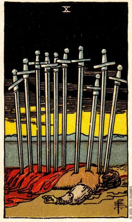 10 of Swords card from the Smith Waite Tarot deck