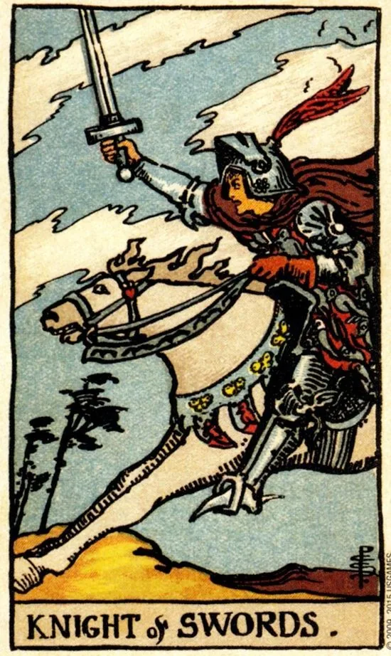 Knight of Swords card from the Smith Waite Tarot deck