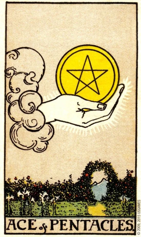 Ace of Pentacles card from the Smith Waite Tarot deck
