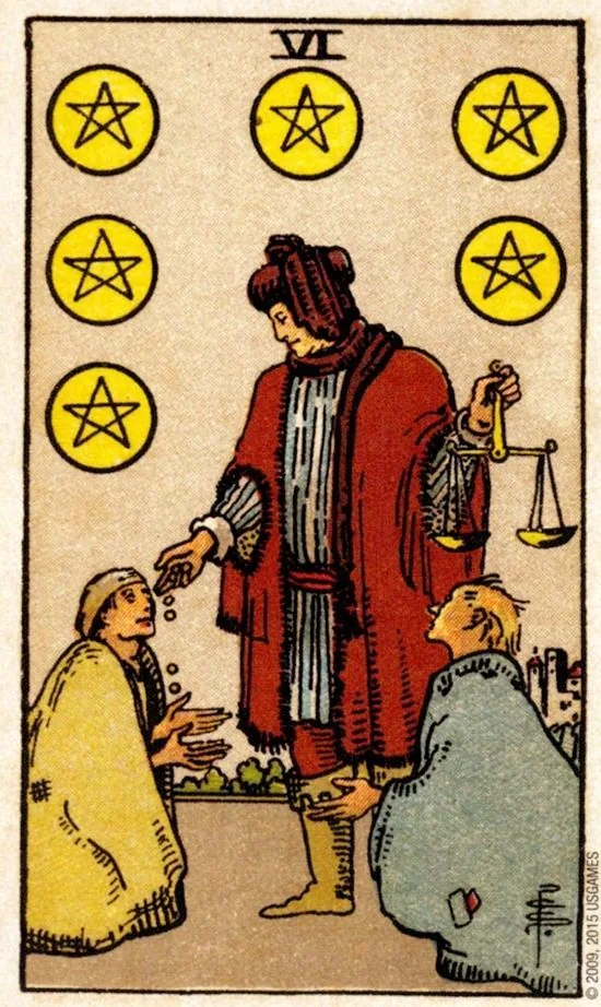 6 of Pentacles card from the Smith Waite Tarot deck