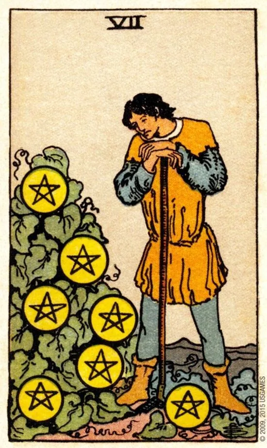 7 of Pentacles card from the Smith Waite Tarot deck