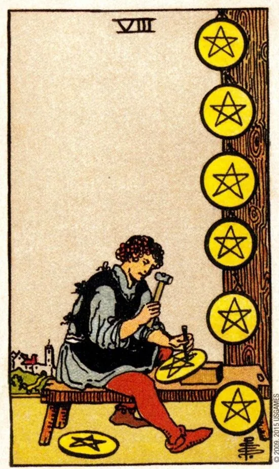 8 of Pentacles card from the Smith Waite Tarot deck