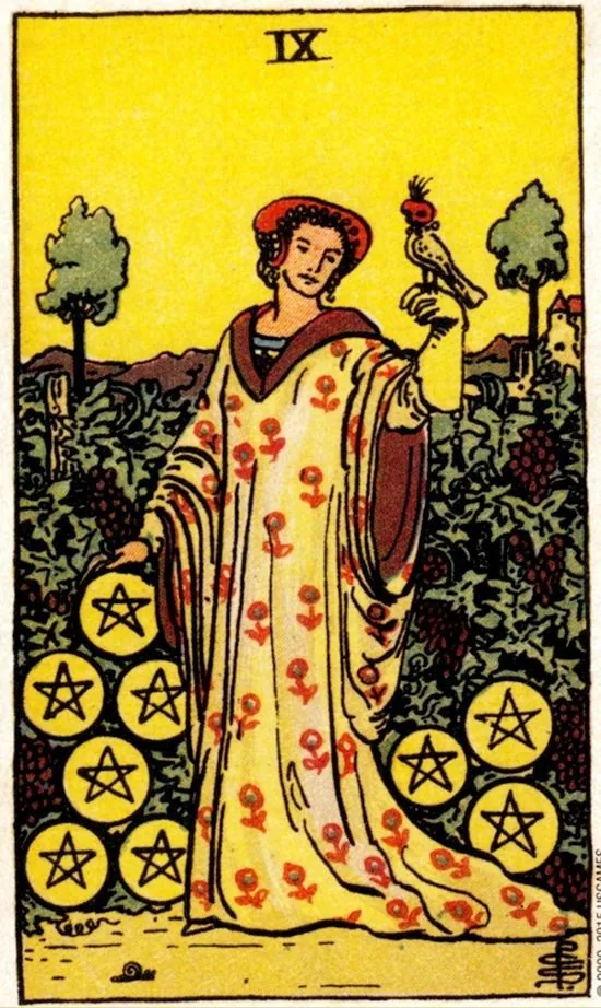 9 of Pentacles card from the Smith Waite Tarot deck
