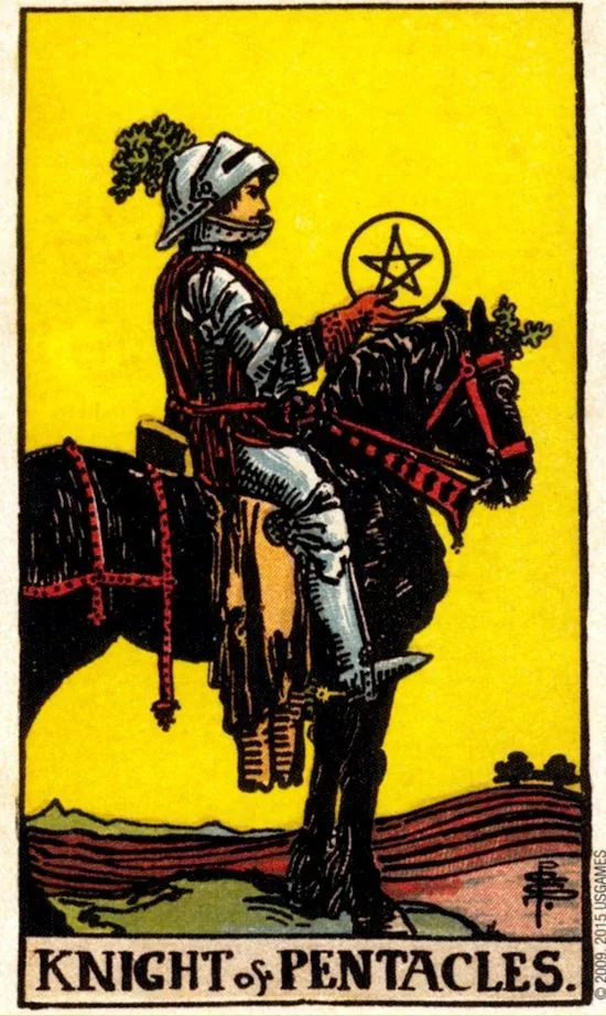 Knight of Pentacles card from the Smith Waite Tarot deck