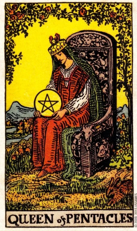 Queen of Pentacles card from the Smith Waite Tarot deck