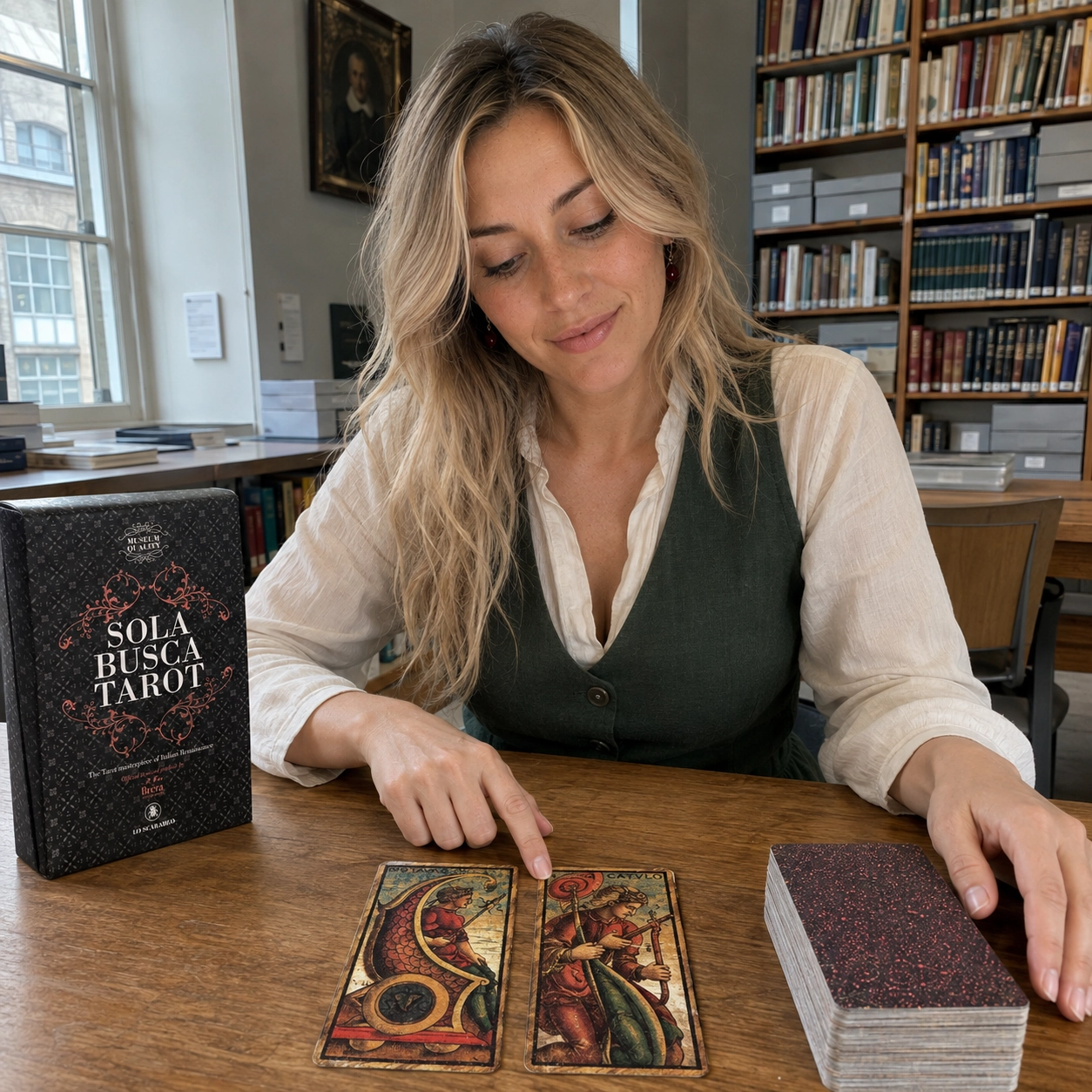 Aurica reading the Mato and Catulo cards from the Sola Busca Tarot beside its box and stacked deck