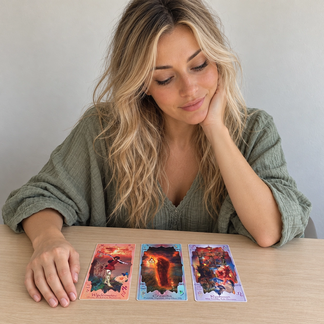 Generated editorial scene of Aurica looking down at three face-up Soul Mandala Tarot cards on a plain wooden table